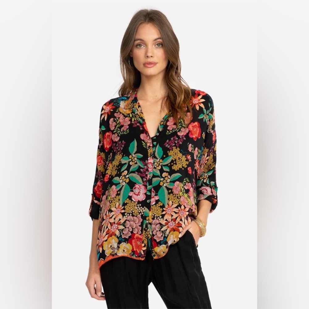$225 NWT Johnny Was Poppy Floral Button Blouse Long Sleeve Size Oversized XS